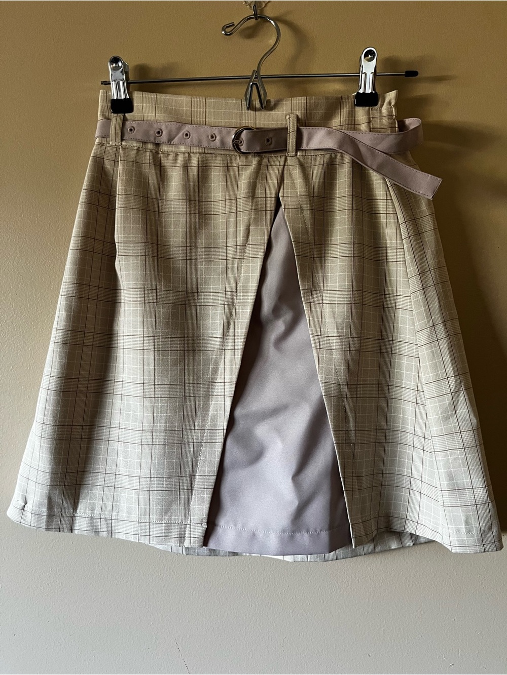 Plaid A-Line Skirt with Front Slit and Matching Belt - Majestic Legon